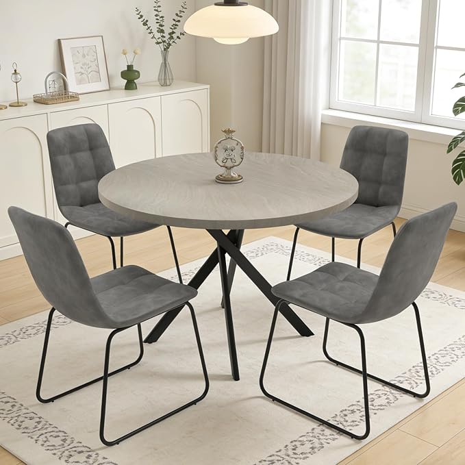 44" Round Dining Table with Cozy Chair Set for 4, Modern Mid-Century Dining Table Set of 4, Dinette Sets with Metal Leg for Kitchen Dining Room Apartment(Gray Table + Gray Chairs)