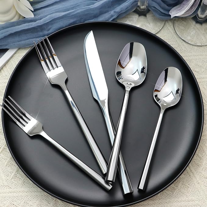 Silverware Set 60-Piece Hand Forged Stainless Steel Cutlery, Mirror Silver Thick Hexagon Handle Flatware Sets, Service for 12
