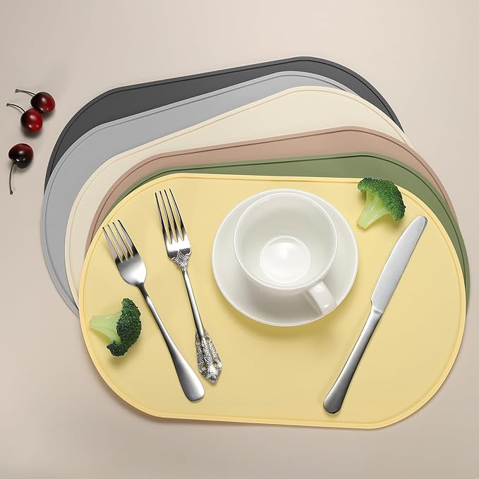 uxcell 4 Pcs Oval Silicone Placemat, 15.4" x 10.4" Non-Slip Washable Table Placemats Heat Resistant Waterproof Mat with High Edge for Table Kitchen Desk Protection, White