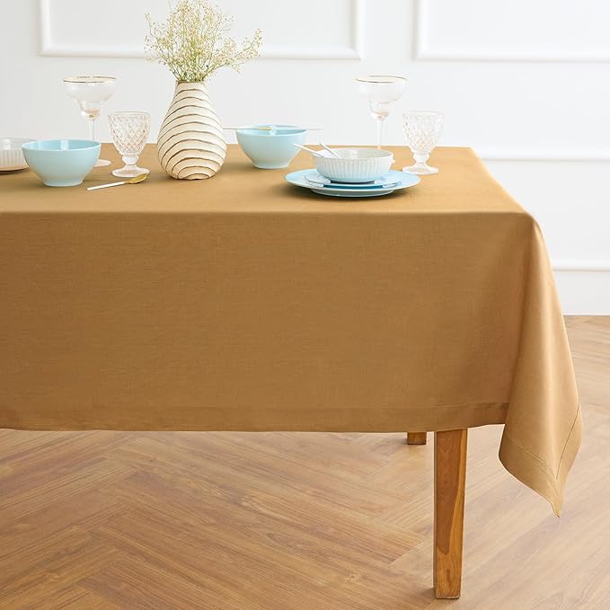 Solino Home Linen Tablecloth for Rectangle Tables 60 x 108 Inch - 100% Pure Linen Caramel Table Cloth - Fete, Machine Washable Cloth Tablecloth for Spring, Easter