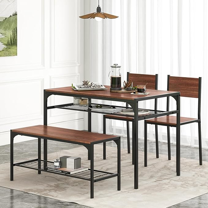 NAFORT 4-Piece Dining Table Set for 4, Industrial Kitchen Table with 2 Chairs & Bench, Rustic Wood Dining Set with Metal Frame & Storage Shelves, Space-Saving Dining Furniture for Apartment