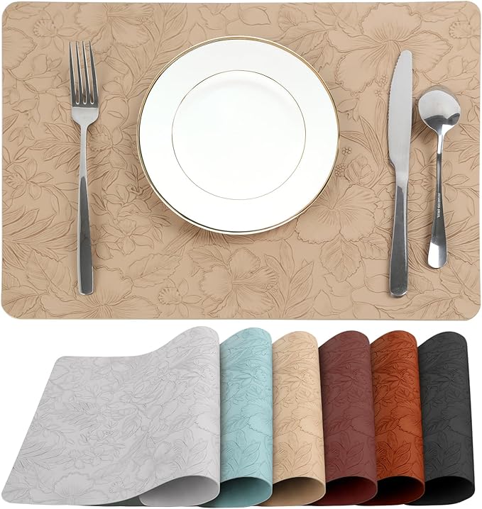 SolaraDawn Faux Leather Table Placemats Set of 4, Washable, Wipeable & Heat-Resistant Table Mats, Waterproof Dining Place Mats with Embossed Texture for Kitchen & Dining, Beige, 17" × 12"