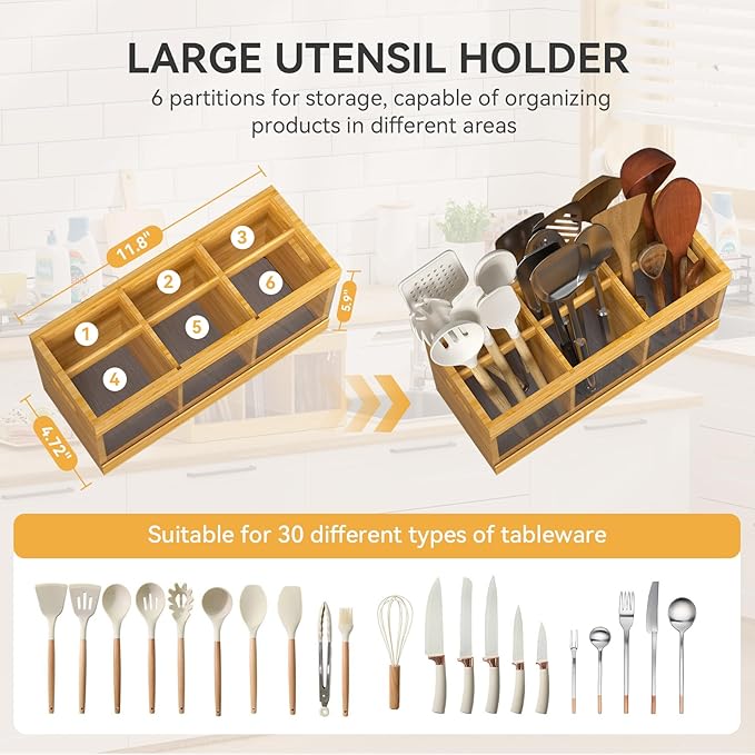 Yofidra Bamboo Utensil Holder & Silverware Organizer: Extra Large Cooking Holder with Absorbing Drying Stone and 6 Compartments Kitchen Countertop Storage Farmhouse Decor Accessories 11.8"X4.7"X5.9"