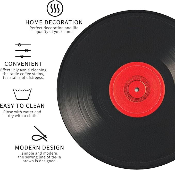 Record Coasters Leather Round Drink Coasters 6 Pcs Set with Holderor for Cup Drink Coffee Table Bar Home Decor