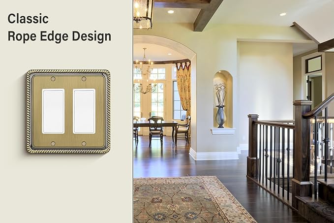 Henne Bery Rope Edge Decorative Wall Plate Switch Plate Outlet Cover (Double Decorator, Antique Brass)