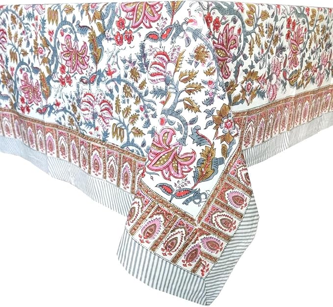 ATOSII Eden 100% Cotton Fall Tablecloth, Handblock Floral Print Rectangle Linen for Kitchen Dining I Parties Wedding Christmas Thanksgiving Outdoors I Spring Summer 72 X 108 Inches I 8 Seater Table