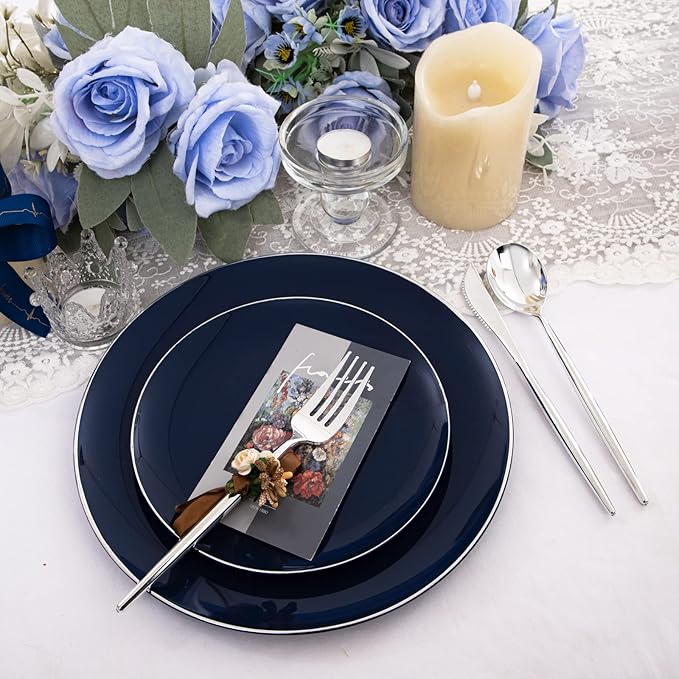 I00000 150Pcs Blue Plastic Plates,Hanukkah Plastic Plates,Navy Blue Disposable Plates with Silverware include 30 Dinner Plates10.25,30 Dessert Plates10.25,90 Silver Silverware Set for Party