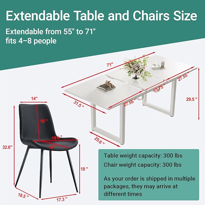 Extendable Dining Table Set for 4, 55"–71" Modern White Kitchen Table with 4 Upholstered Chairs, Space-Saving for Living Room Apartment, Sturdy & Comfortable, Easy Assembly