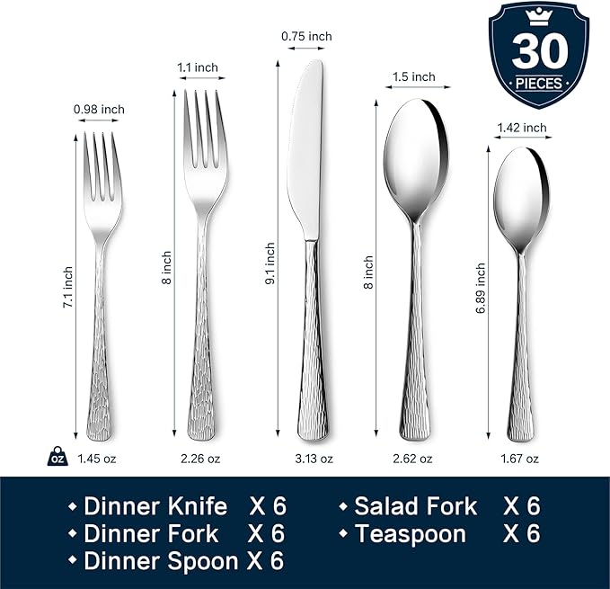 KINGSTONE Hammered Silverware Set, 30-Piece Flatware Set, 18/10 Stainless Steel Premium Cutlery with Unique Ripple Handles Design Mirror Polished - Dishwasher Safe