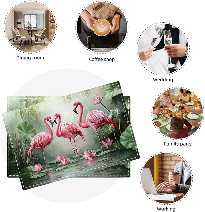 Flamingo Placemats Set of 4, Flamingo Tropical Flowers Place Mats, Wildlife Waterproof Washable Table Mats for Home Party Indoor Kitchen Dining Table Decoration 12x18 Inch