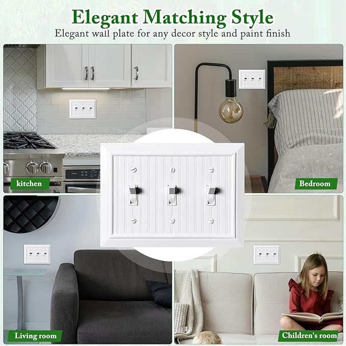 Beadboard Outlet Covers Wall Plates, Bamboo Fiber Light Switch Covers, Natural Material Electric Receptacle Decorative Switch Plate Outlet Cover (Pure White, 3 Gang Toggle 1 Pack)