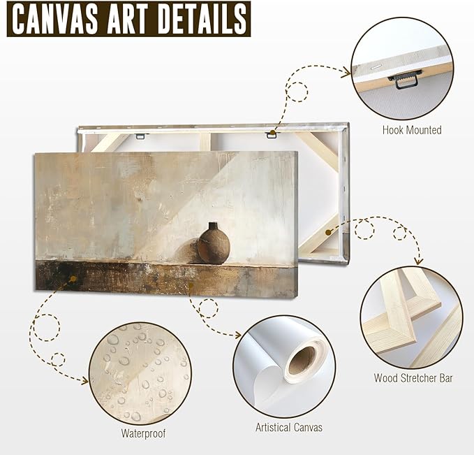 ADJUVANT Wall Art Minimalist Neutral Vase Painting 48" L x 24" W, Earth Tone Canvas Artwork Prints Simple Pottery Pictures Contemporary Rustic Wall Decor for Living Room Bedroom