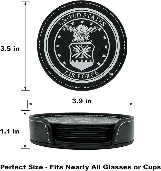 Air Force Leather Coaster Set - 4 Premium Coasters with Hot Stamped Foil USAF Logo - Air Force Gifts | USAF Leather Coasters