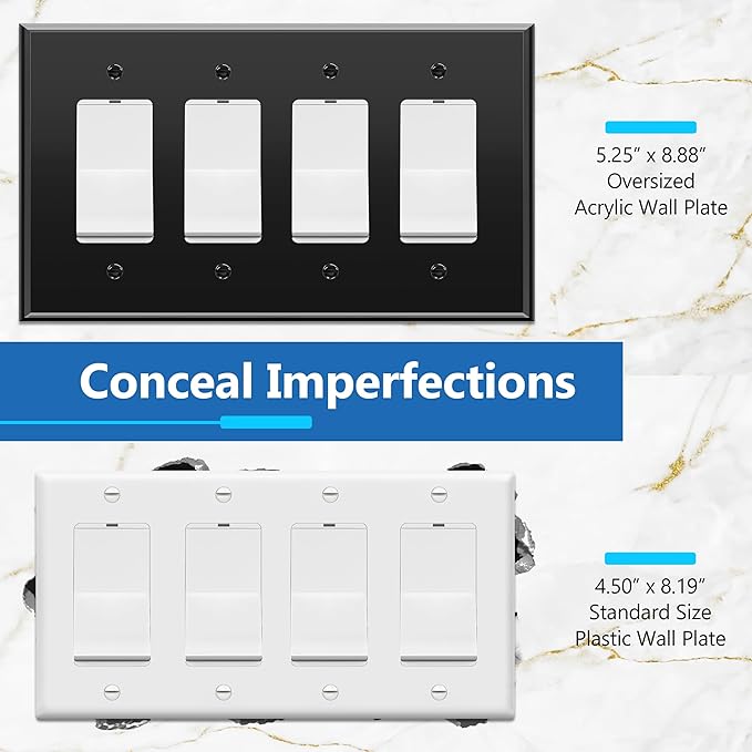 LIDER Reflective Acrylic Decorator Wall Plate, Mirrored Light Switch Plate, Plexiglass Outlet Cover, Acrylic Glass, Oversized 4-Gang 5.25" x 8.88", LWP-34O-ABK5P, Black, 5 Pack