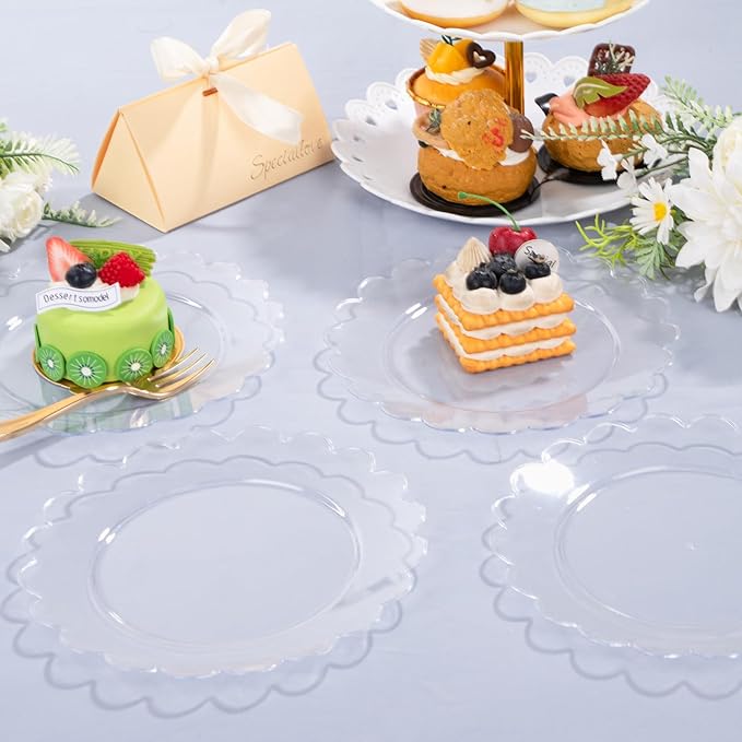 LIYH 200 Pcs Clear Plastic Plates and Gold Forks Disposable Dessert Plates 7.5" Clear Cake Plate,Baby Shower Plate Set for Weddings Birthday Bridal Showers Afternoon Tea
