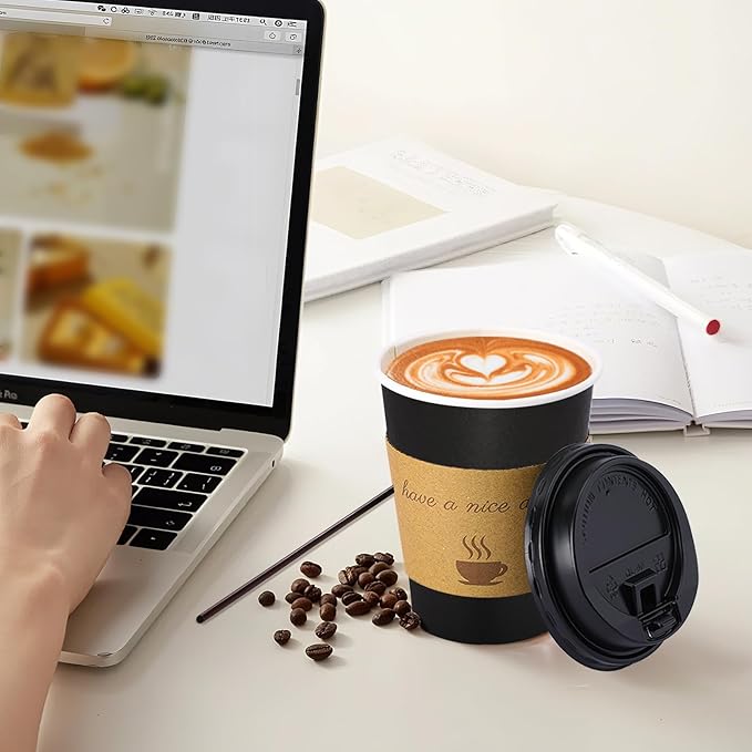 100 pack 10 oz Thickened Coffee Cups with Lids, Scald Resistant Hot Cups with Sleeve and Straw, To Go Coffee Cups for Home, Office, Cafes and Party (Black 10oz)