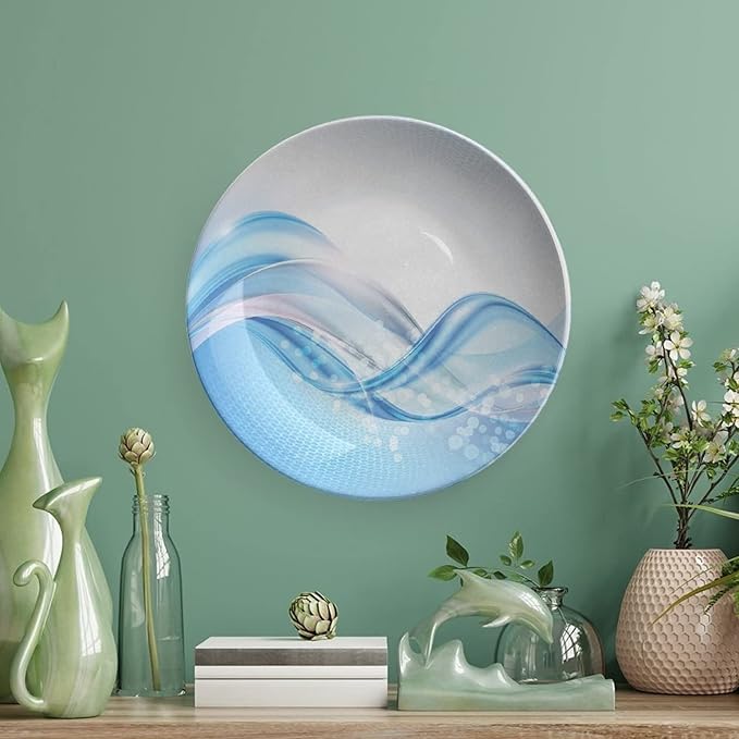Decorative Plates, Abstract Print Ornament, Modern Wavy Ocean Surfer Summertime Themed, 7 Inch, 1 Plate with 1 Display Stand, Pale Blue and White