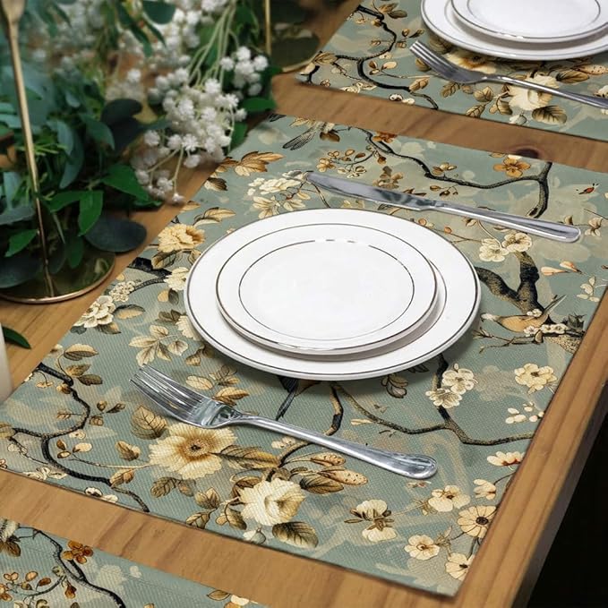 12"x18" Vintage Blue Grey Flower Bird Tree Plants Forest Placemats Set of 4 Washable Thick Place Mats Kitchen Table Mats Decorative Linen Fabric Table Mat for Dining Table Kitchen Home Decor