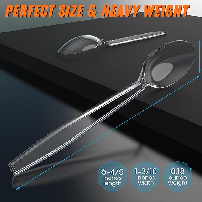 360pc 6.8" Clear Plastic Spoons Heavy Duty with Heat Resistant & BPA Free, Solid and Durable Plastic Cutlery, Premium Disposable Spoons for Party Supply