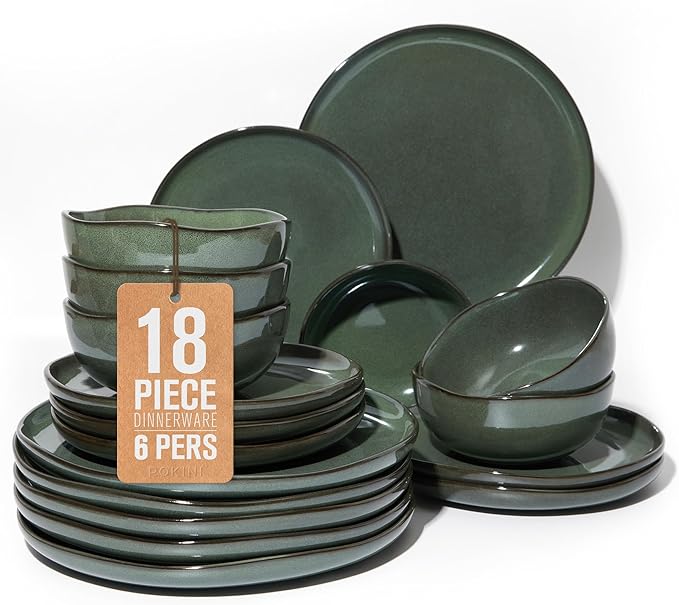 Plates and Bowls Sets for Family of 6, Ceramic Dinnerware Sets, Kitchen Dish Set, Microwave & Dishwasher Safe Dishware, Highly Durable Reactive Glazed Dinner Set, Forest Green