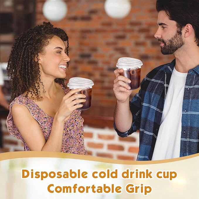 Baderke 100 Pcs Plastic Cups with Sip Lids Round Bottom Disposable Plastic Coffee Cups with Lids Clear Strawless Crystal Mugs for Iced Coffee Smoothie Cold Beverage Party Catering Supplies (12 oz)