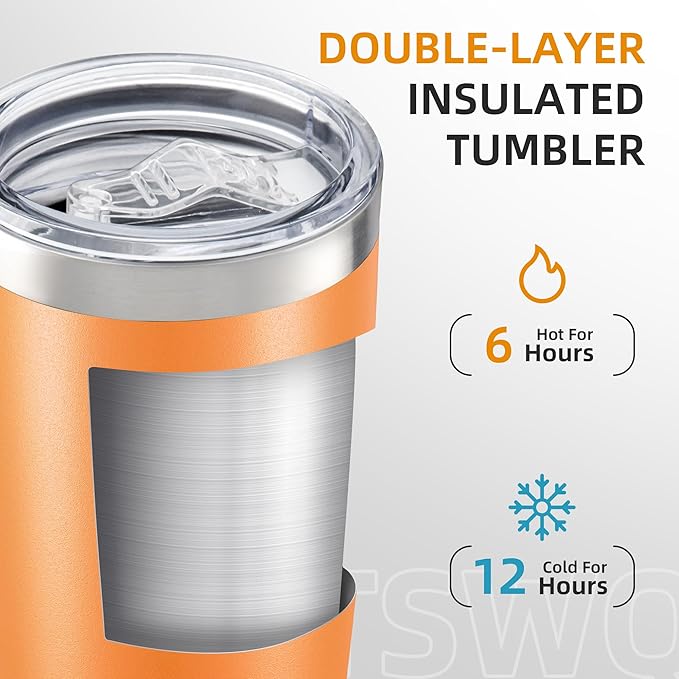 20 oz Tumbler Bulk with Lid Stainless Steel Insulated Tumblers Double Wall Vacuum Coffee Mug Powder Coated Tumbler Cups for Cold and Hot Drinks, Orange, 12 pack