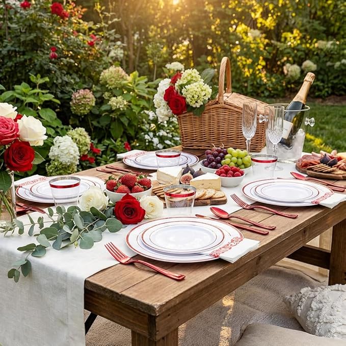 WELLIFE 700 Pcs Red Plastic Plates for 100 Guests - Plastic Dinnerware Set,Party Supplies Includes 200 Red Disposable Plates,300 Silverware,100 Napkins,100 Cups,Valentines Plates