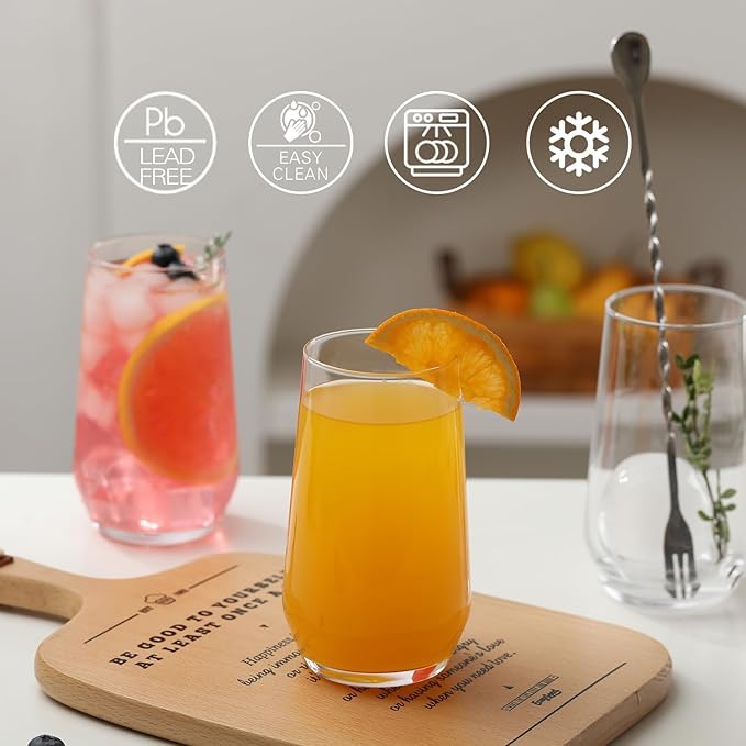 Drinking Glasses Set of 6, 16.4 oz Crystal Water Glasses,Tall Glass Cups,Highball Glass for Cocktail,Juice,Mojito,Iced Tea,Kitchen and Bar Glassware,Gifts for Christmas
