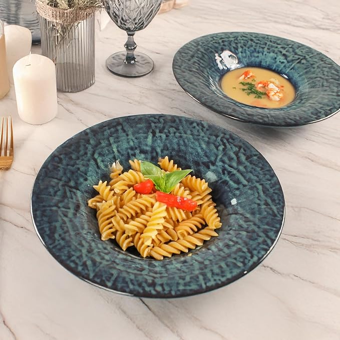 Ceramic Pasta Bowls, 22.2 oz Pasta Plates, Reactive Glaze Pasta Bowl Set of 4, Large Wide Serving Bowls for Salad, Dessert, Fruit, Microwave & Dishwasher, Oven Safe