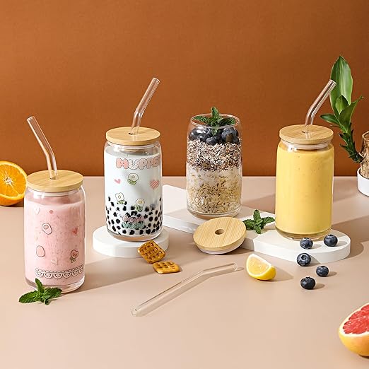 VITEVER [ 20pcs Set ] Glass Cups with Bamboo Lids and Glass Straw - Beer Shaped 16 oz Iced Coffee Drinking Glasses, Cute Tumbler Cup for Smoothie, Boba Tea, Whiskey, Water