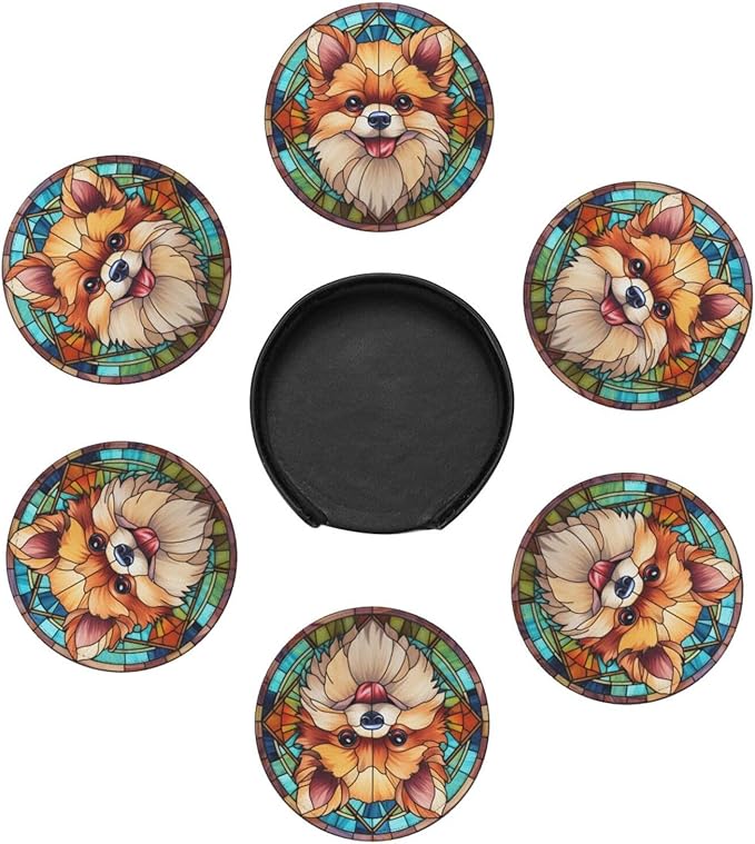Drink Coaster Set of 6, Pomeranian Dog Mom Lover Gift,Leather Drink Coasters with Holder,6 Pack Cup/Bar/Drink Coasters for Table/Drinks/Coffee Protection Housewarming Gift