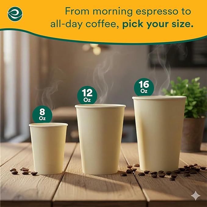 ECO SOUL 50 Pack 12 oz Disposable Coffee Cups Eco-Friendly, Biodegradable, Compostable, Leak-free & Sturdy To Go Hot Drink Travel Bagasse Cup for Tea, Chocolate, Party, Picnic & Cafe, Office & Home