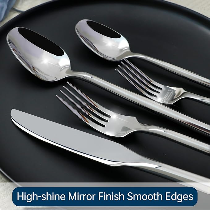Silverware Set 60-Piece Hand Forged Stainless Steel Cutlery, Mirror Silver Thick Hexagon Handle Flatware Sets, Service for 12