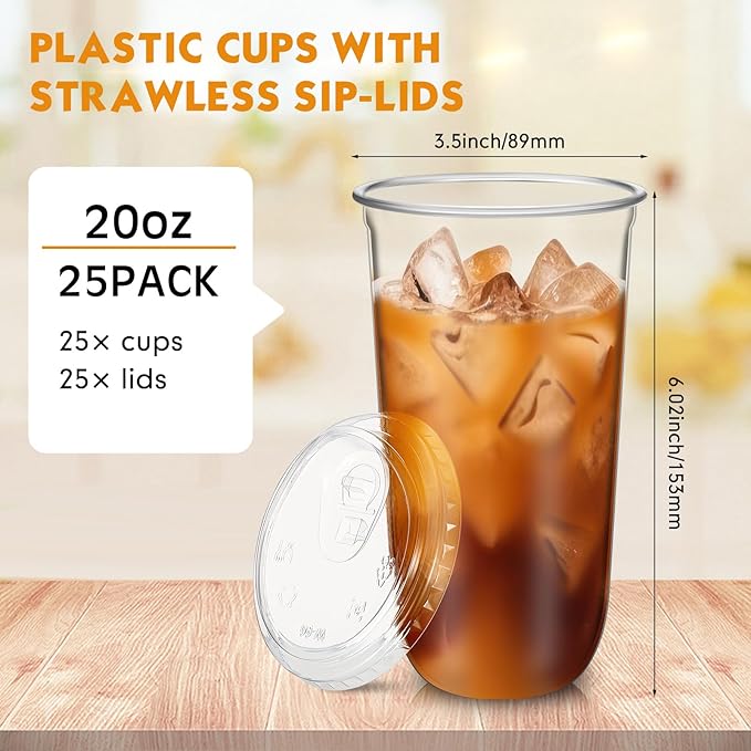 25 Sets 20 oz Clear Plastic Cups with Strawless Sip Lids, Thickened Clear Disposable Plastic Pet Crystal Cups for Iced Coffee, Smoothie, Cold Beverage, Drink Shops and Party Catering