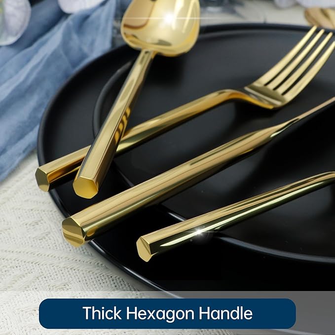 Silverware Set 40-Piece Stainless Steel Cutlery, Mirror Polishing Utensils, Gold Hexagon Flatware Sets, Service for 8