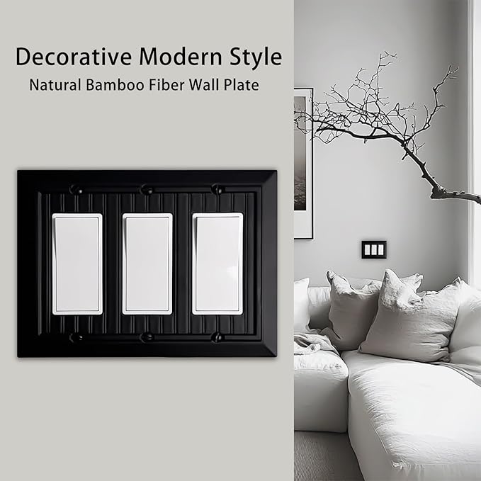 Beadboard Outlet Covers Wall Plates, Bamboo Fiber Light Switch Covers, Natural Material Electric Receptacle Decorative Switch Plate Outlet Cover Matte Black (3 Gang Decorator 1 Pack)