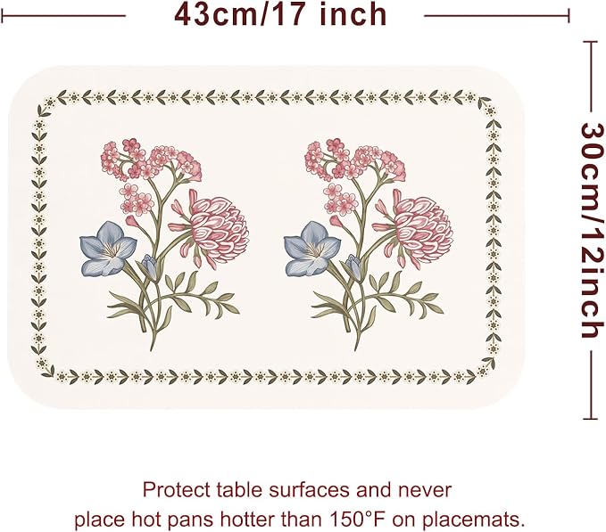 ISAENNE French Cottage Floral Rectangle PVC Placemats Set of 6, Waterproof and Heat-Resistant Place Mats.Decoration for Kitchen, Dinning, Parties, Holiday,12"*17"