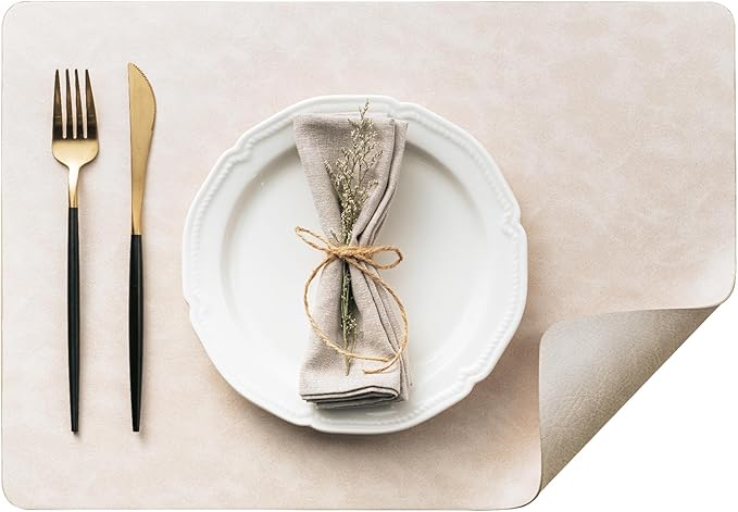 DOLOPL Placemats Set of 8 Reversible Dual-Color Table Placemats –Heat Resistant Wipeable & Washable Place Mats, Luxury Faux Leather Table Mats for Vintage Dining Table Decor (Beige&Light Grey)