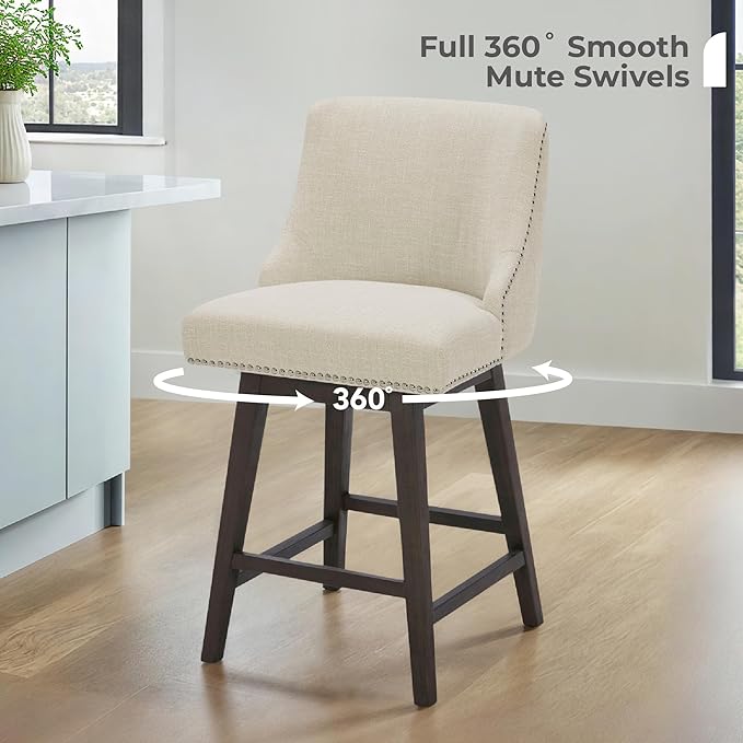 CHITA Counter Height Swivel Bar Stools Set of 3, FSC Certified Upholstered Counter Stools, Modern Swivel Barstools with Wood Legs for Kitchen Island, 26" Seat Height, Fabric in Linen