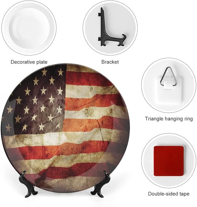 Decorative Plates, American Flag Print Ornament, Grunge Look Patriotic, 6 Inch, Kitchen Wall Decor, Multicolor