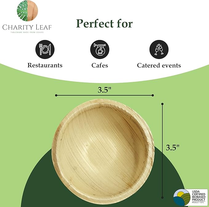 Charity Leaf Disposable Palm Leaf 3.5" Round Mini Bowl (400 pcs) Dipping Bowls | Bamboo Like| All Natural and Biodegradable | Charcuterie Boards, BBQs, and Parties