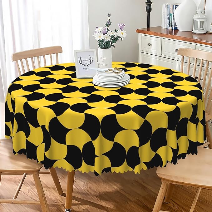Laeacco 24 Inch Geometric Round Tablecloth Black and Gold Abstract Pattern Modern Art Print Table Cloth Washable Waterproof Wrinkle Free Table Cover for Kitchen Dining Picnic Party Decoration