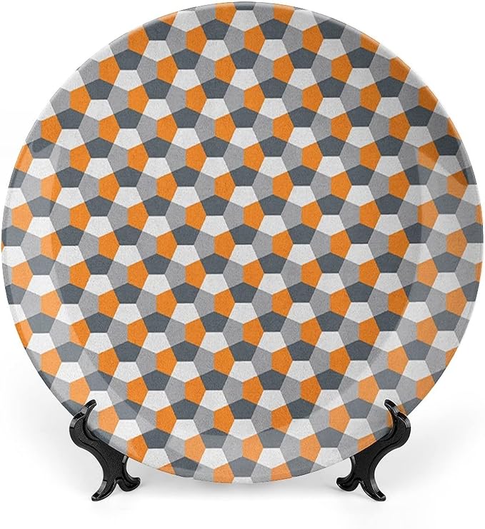Ceramic Plates, Abstract Decorative Ceramic Plates, Modern Style Mosaic Tile with Hexagonal Shapes, 10 Inch, Household Plates Decorative, Grey Charcoal Grey Orange