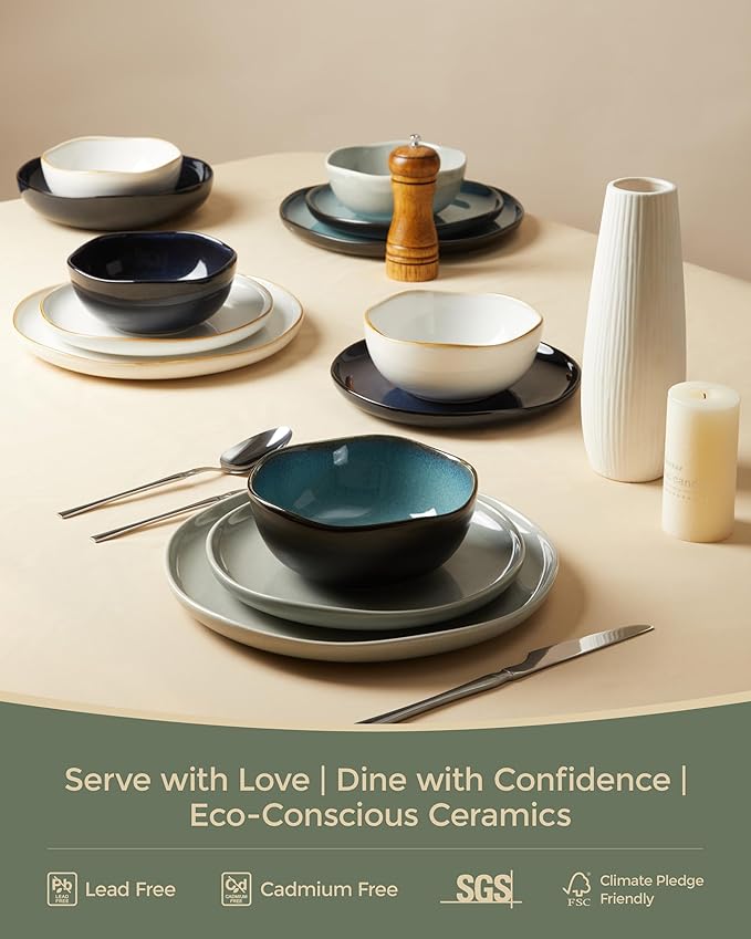 24 Pieces Dinnerware Set for 6 with Pasta Bowls, Complete Ceramic Dish Set, Stackable & Glossy Stoneware Plate and Bowl Set for Effortless Everyday Hosting, Gray Green