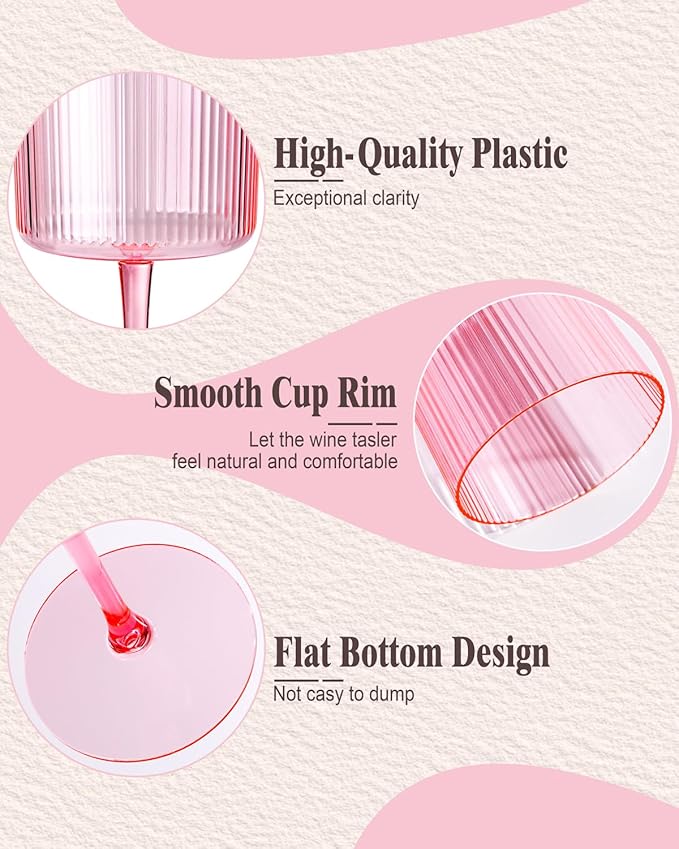 Ciaell 12 PCS Pink Plastic Ribbed Wine Glasses - 10 OZ Plastic Square Wine Glasses with Stem - Disposable Champagne Cups for Parties & Weddings & Valentine's Day
