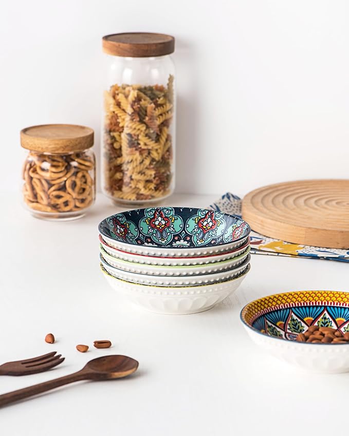 10 OZ Small Snack Bowls/Dishes Set of 6 - Ceramic Colorful Bowls for Side Dishes, Ice Cream, Dessert, Appetizers, Dips and Sauces, Dishwasher & Microwave Safe - Bohemian Style