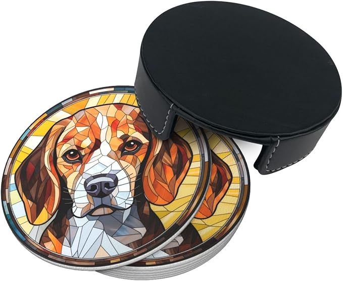 Drink Coaster Set of 6, Beagle Dog Mom Lover Gift,Leather Drink Coasters with Holder,6 Pack Cup/Bar/Drink Coasters for Table/Drinks/Coffee Protection Housewarming Gift