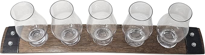 Barrel Stave Premium 5 Glass Whiskey Flight Serving Tray with Glencairn Glasses, Dark Walnut