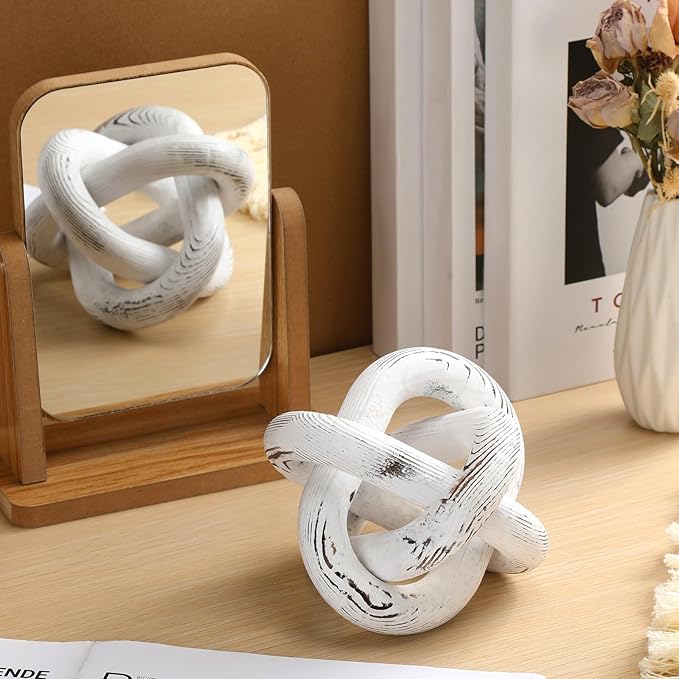 3 Link Wood Knot Decor Rustic Home Décor Accents Hand Carved Coffee Table Decoration, Boho Chain Link Decoration, Modern Shelf, Rustic Objects for Home Living Room Bedroom(Retro White)