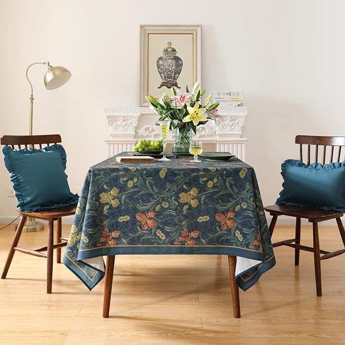patdrea Designer Vintage Dark Blue Linen Rectangle Tablecloth,French Rustic Floral Pattern Tablecloths,Decorative Table Cover Cloth for Kitchen,Dining,Tea Party,Home,Christmas,55"*79"